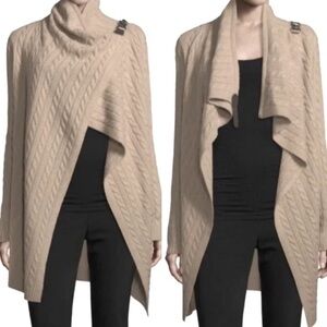 Neiman Marcus 100% cashmere shoulder leather buckle Cable Knit Wrap Asymmetric